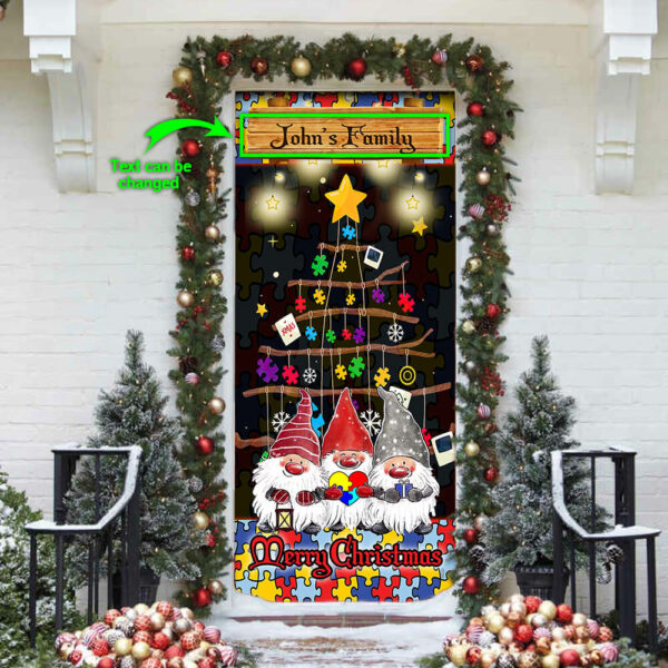 Personalized Autism Family Merry Christmas Door Cover - Christmas Outdoor Decoration - Religious Door Decorations