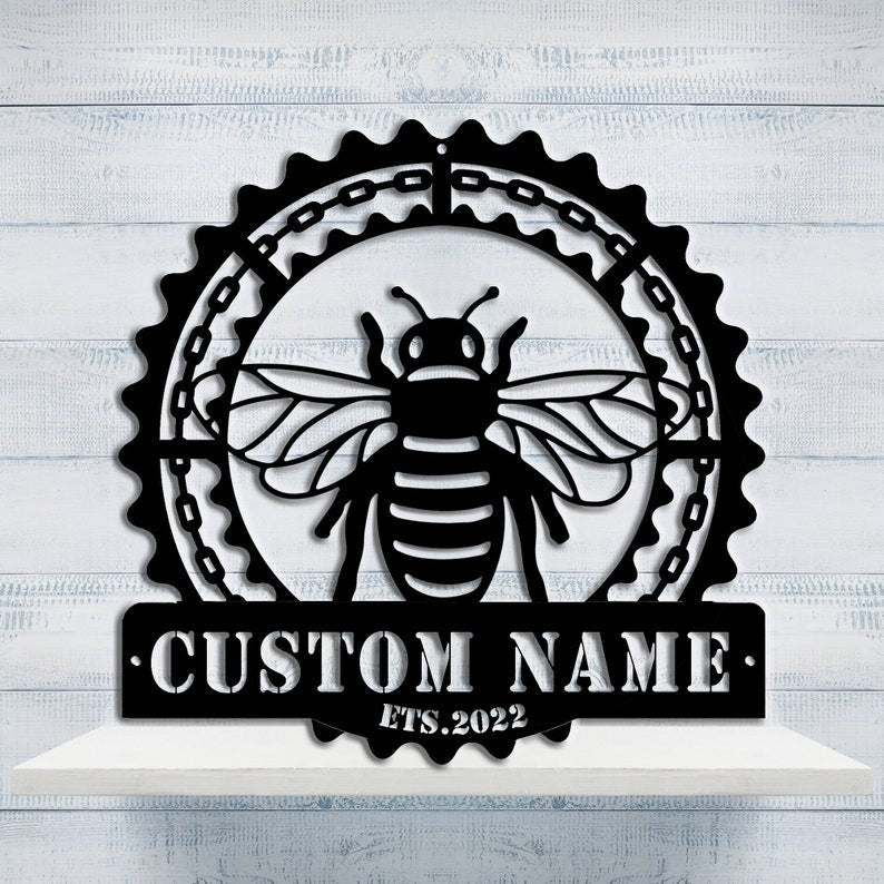Personalized Bee Metal Sign - Farm Beehive Hive Sign - Custom Front Door Welcome Bees - Antique Indooroutdoor Metal Art - Housewarming Gift