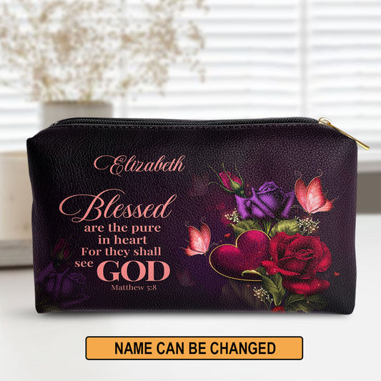 Personalized Butterfly And Rose Leather Pouch Matthew 58 Blessed Are The Pure In Heart