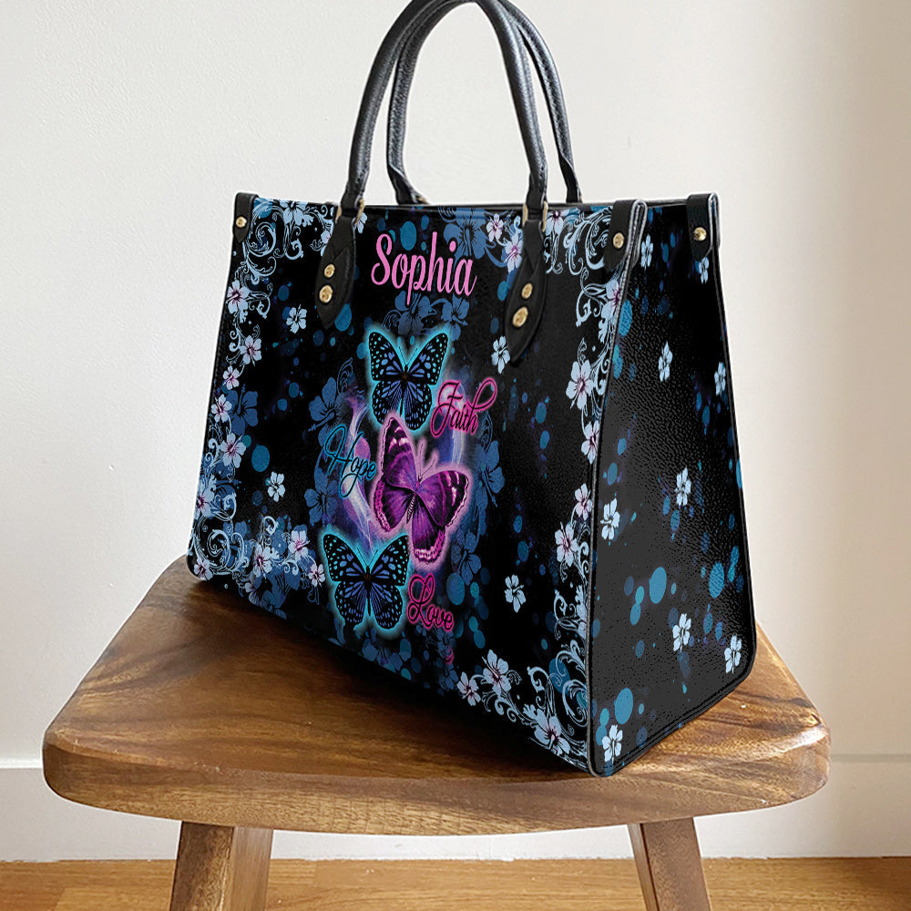 Personalized Butterfly Faith Hope Love Purple Leather Bag - Women's Pu Leather Bag - Best Mother's Day Gifts
