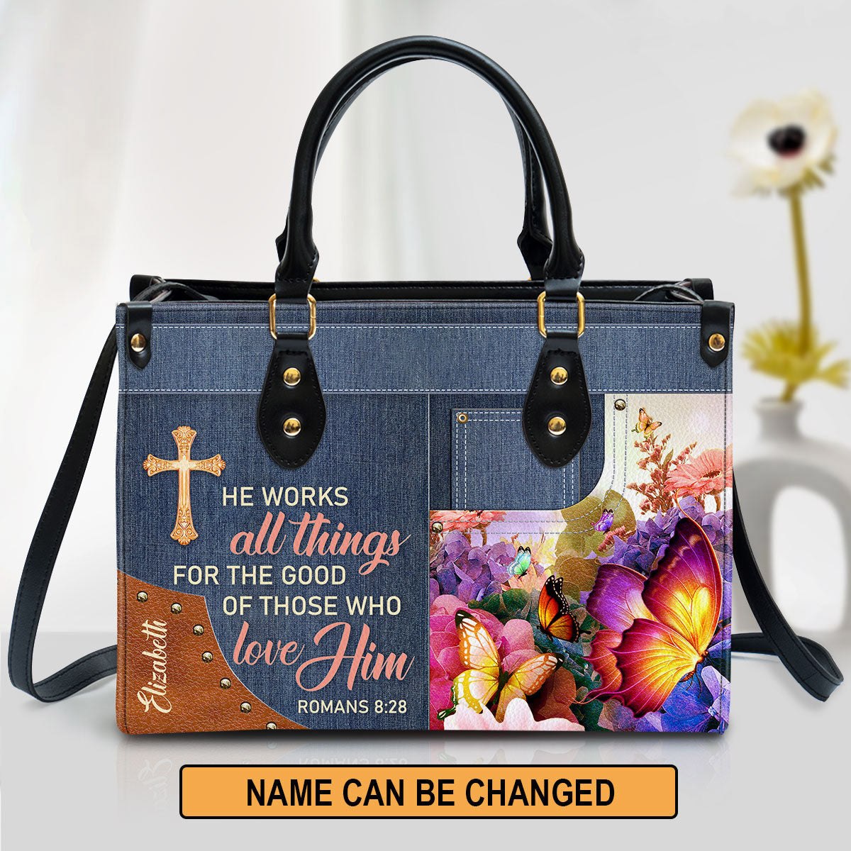 Personalized Butterfly He Works All Things For The Good Of Those Who Love Leather Bag - Christian Pu Leather Bags For Women
