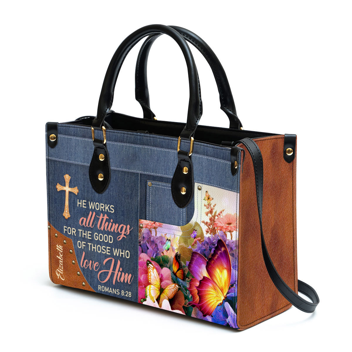 Personalized Butterfly He Works All Things For The Good Of Those Who Love Leather Bag - Christian Pu Leather Bags For Women