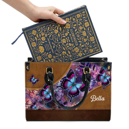 Personalized Butterfly Leather Handbag With Handle - Gifts For Religious Women