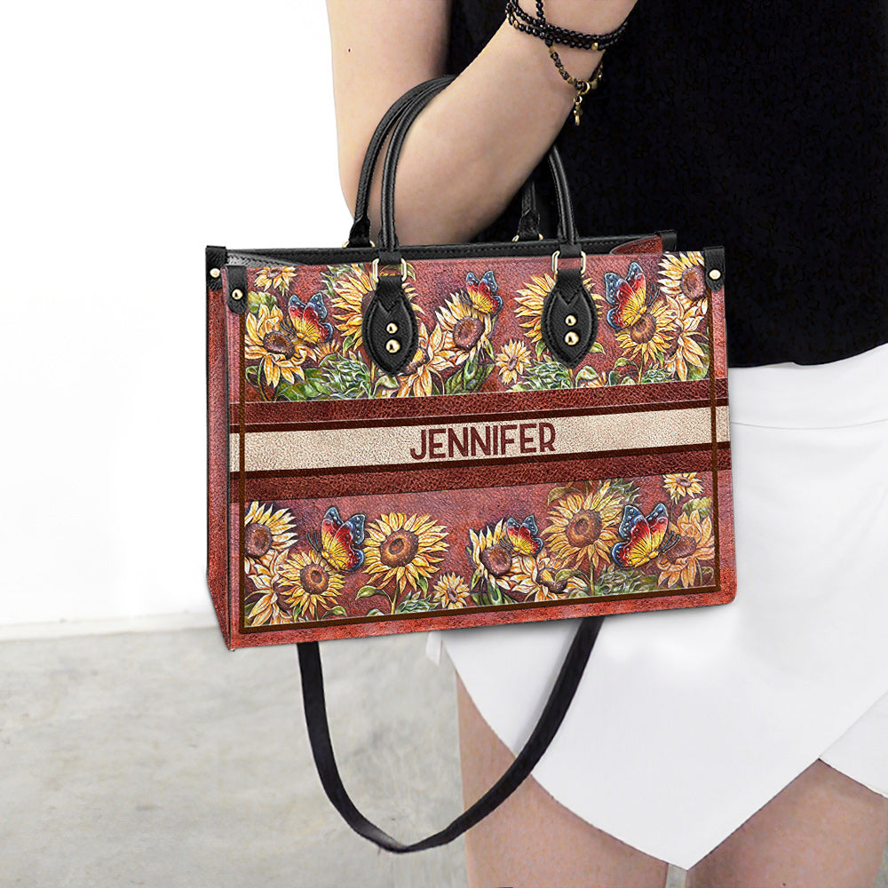 Personalized Butterfly Sunflower Leather Bag - Women's Pu Leather Bag - Best Mother's Day Gifts