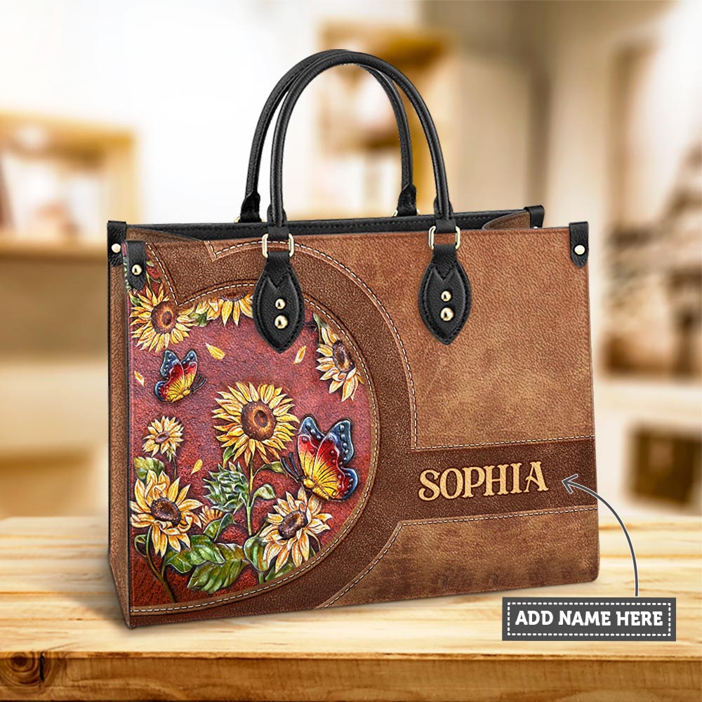 Personalized Butterfly Sunflower Lover Leather Bag - Women's Pu Leather Bag - Best Mother's Day Gifts