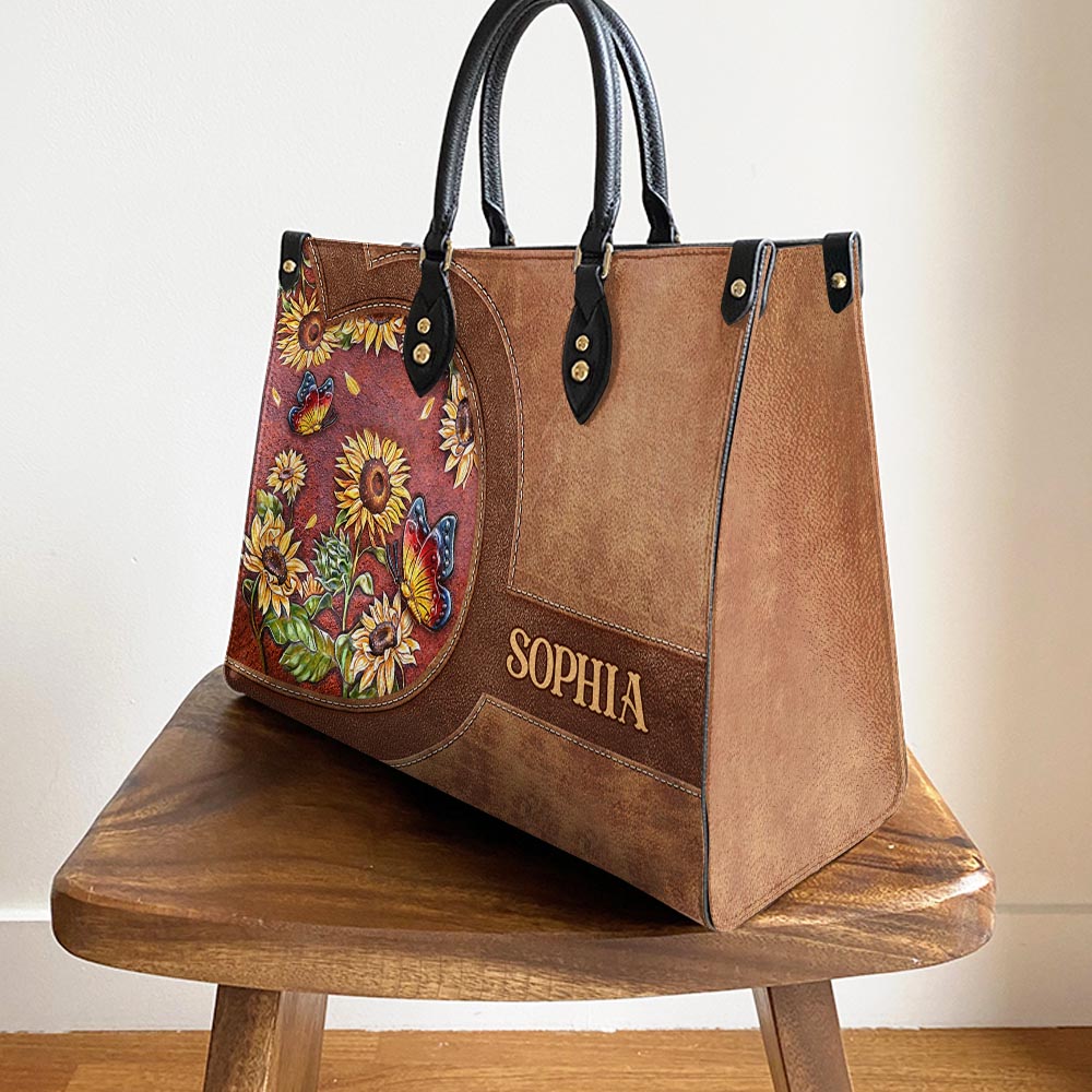 Personalized Butterfly Sunflower Lover Leather Bag - Women's Pu Leather Bag - Best Mother's Day Gifts