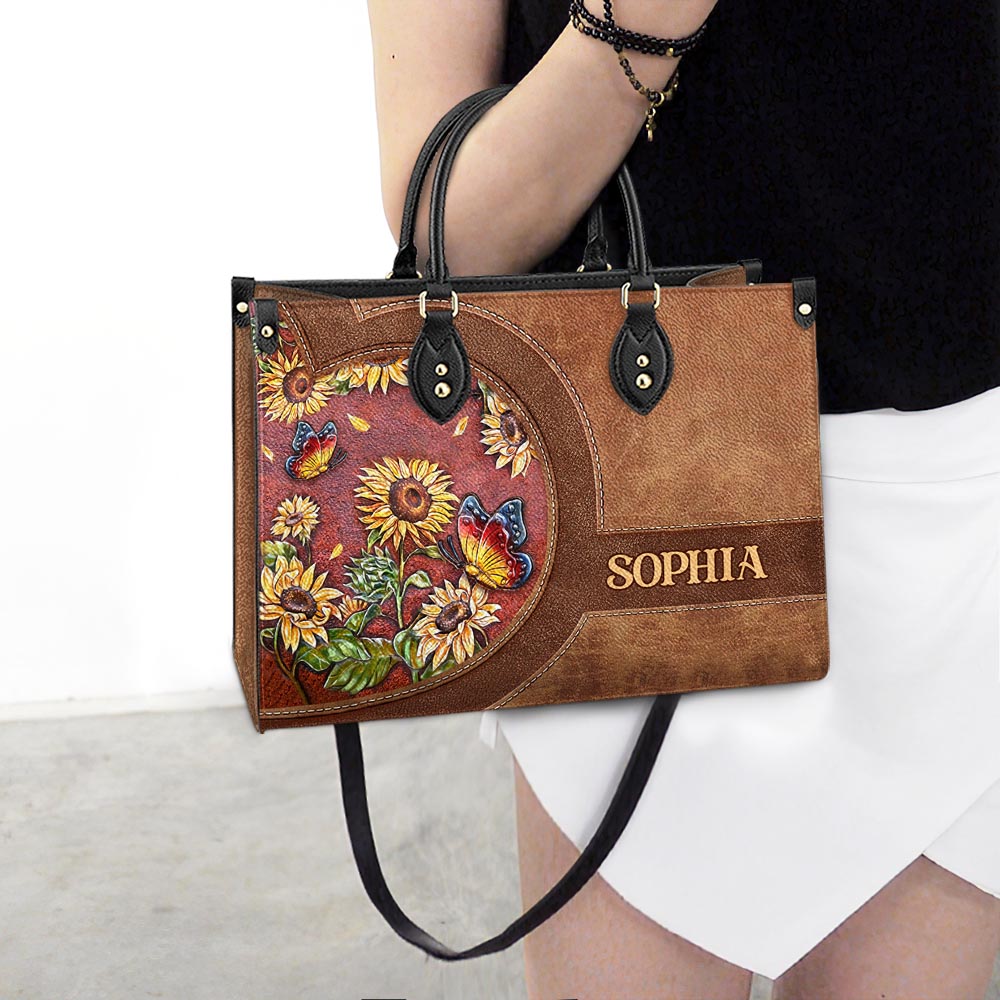 Personalized Butterfly Sunflower Lover Leather Bag - Women's Pu Leather Bag - Best Mother's Day Gifts