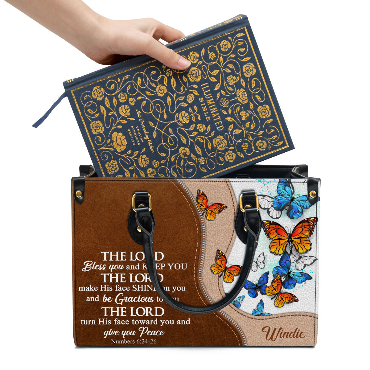 Personalized Butterfly The Lord Bless You And Keep You Leather Bag - Christian Pu Leather Bags For Women