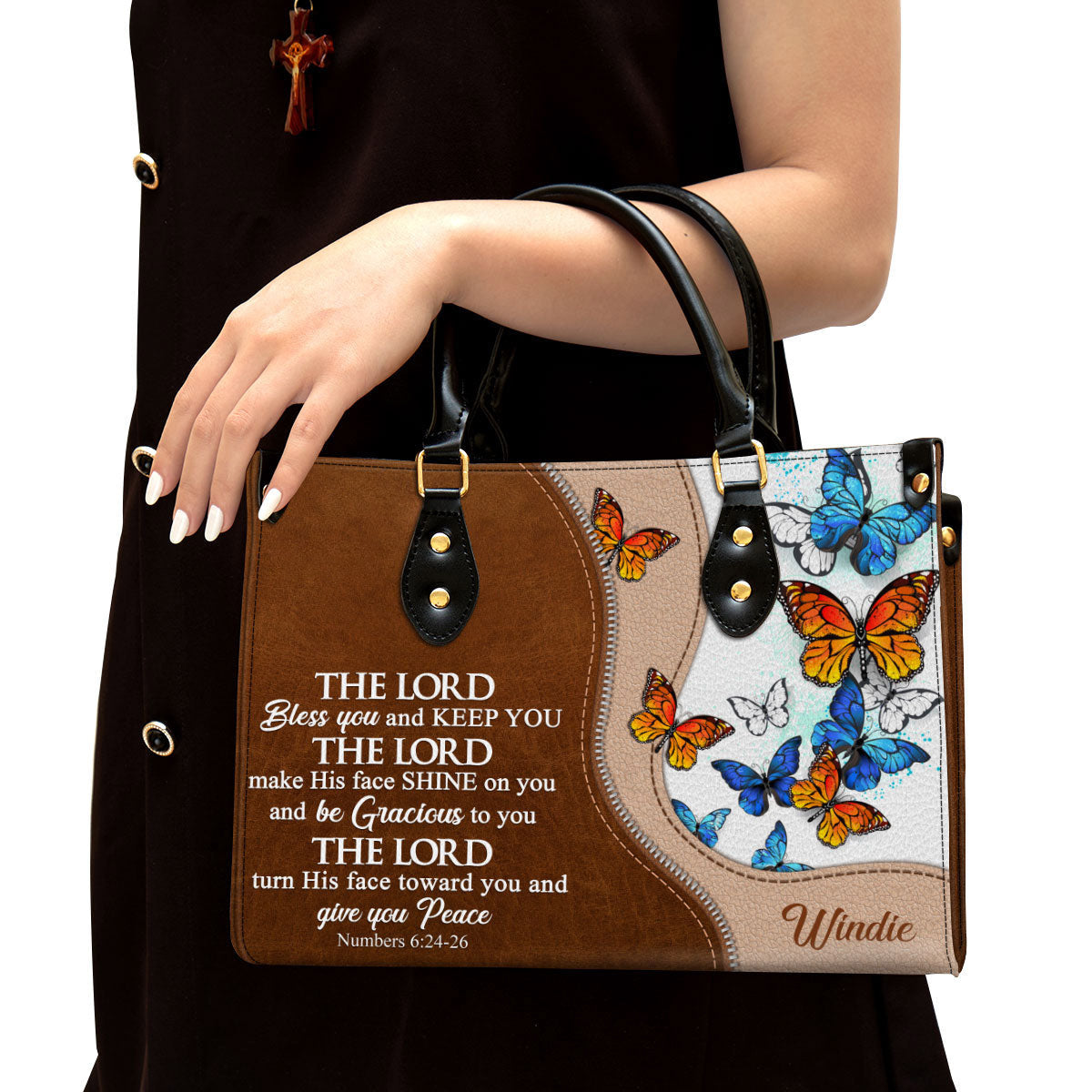 Personalized Butterfly The Lord Bless You And Keep You Leather Bag - Christian Pu Leather Bags For Women