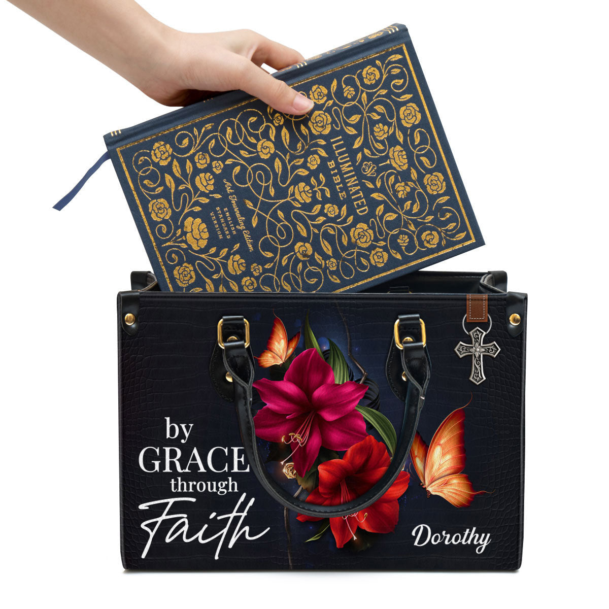 Personalized By Grace Through Faith Leather Bag - Christian Pu Leather Bags For Women