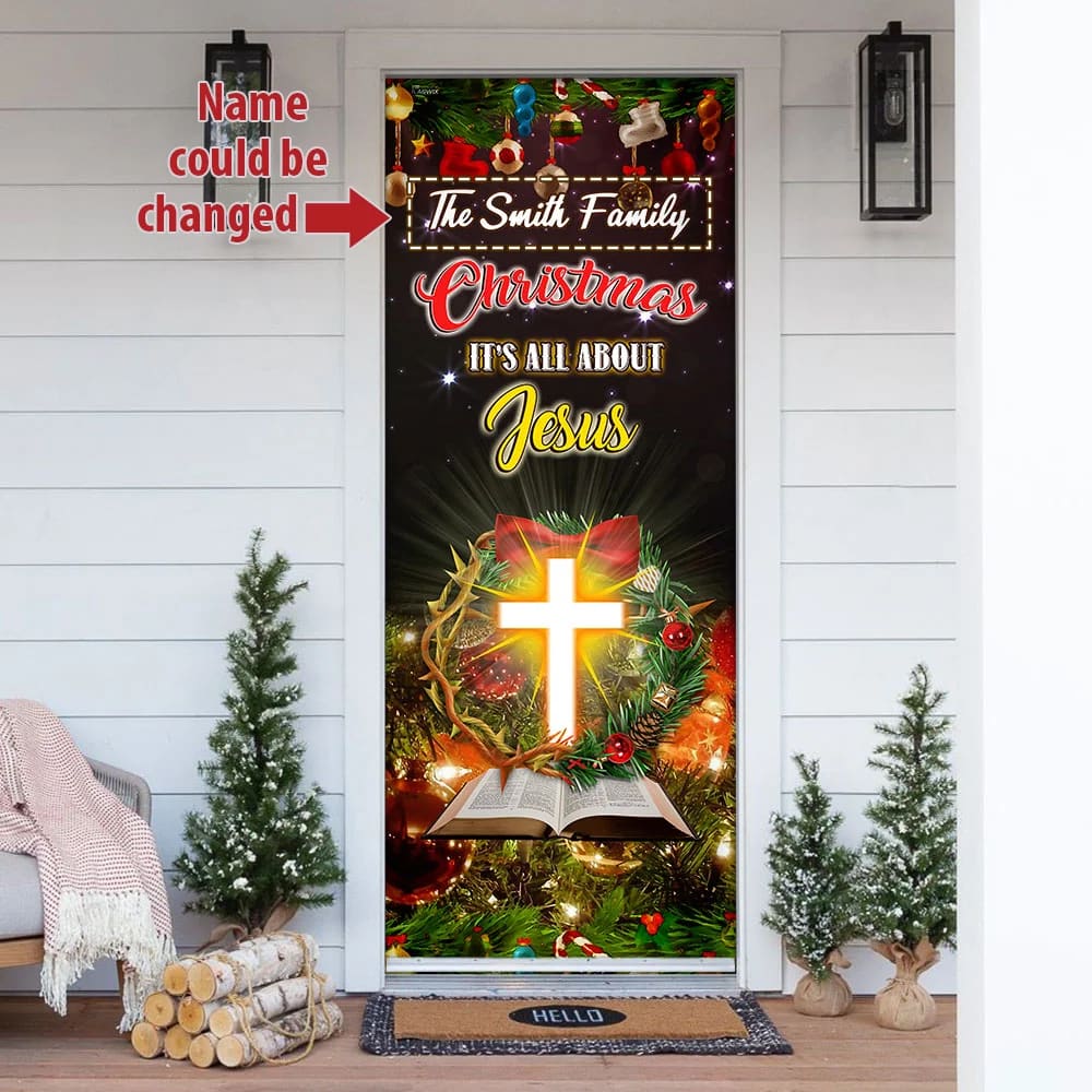 Personalized Christmas It's All About Jesus Door Cover - Christmas Outdoor Decoration - Religious Door Decorations