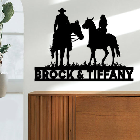 Personalized Couple Horses Cowgirl Cowboy Metal Sign - Western Horseshoe Couple - Riders Mr & Mrs Monogram - Metal Wall Art Decor
