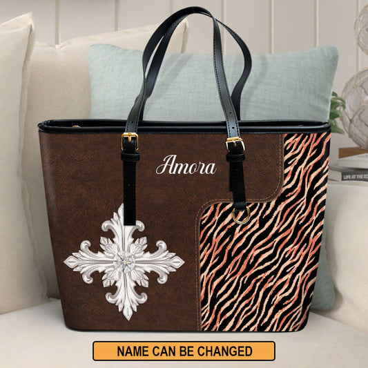 Personalized Cross Large Leather Tote Bag - Spiritual Gifts For Christian Women