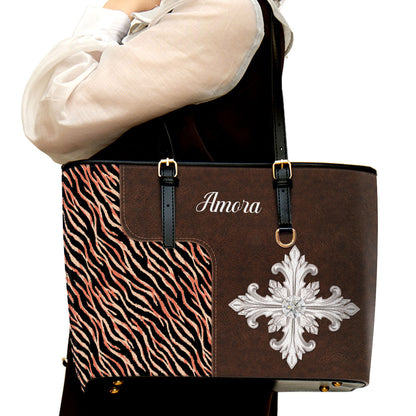 Personalized Cross Large Leather Tote Bag - Spiritual Gifts For Christian Women