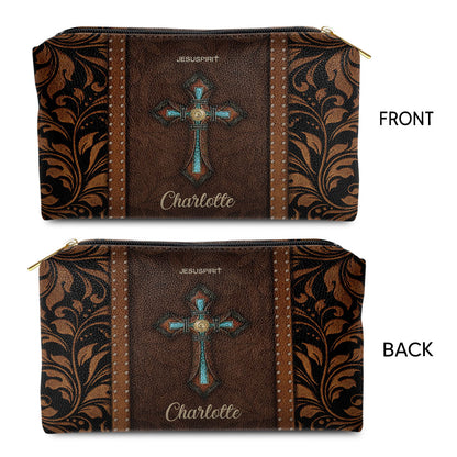 Personalized Cross Leather Pouch With Zipper - Gift For Religious Friends And Family
