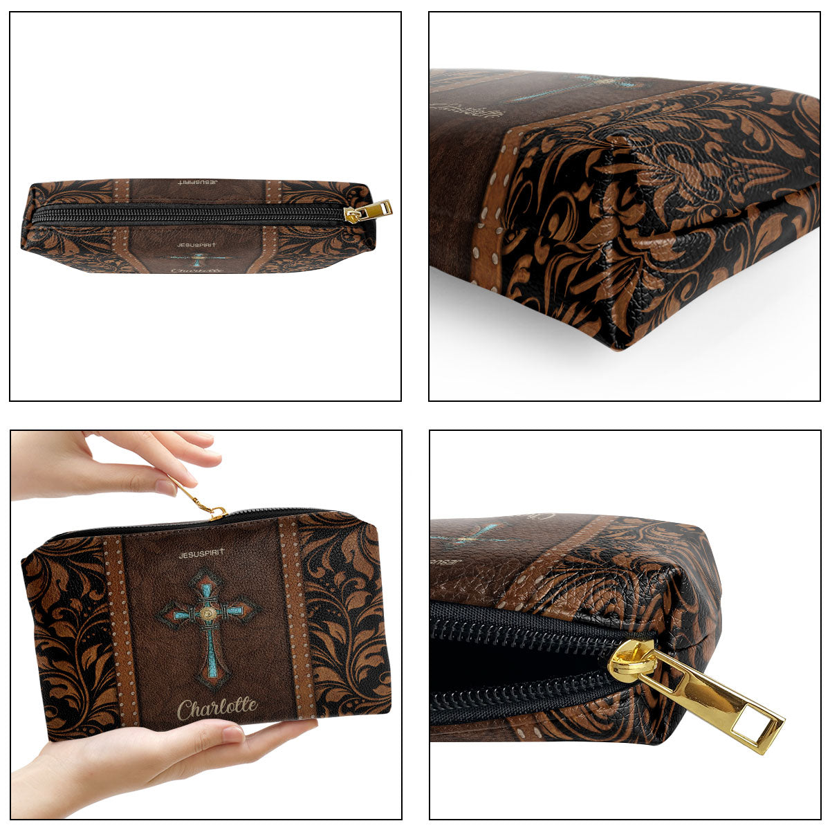 Personalized Cross Leather Pouch With Zipper - Gift For Religious Friends And Family