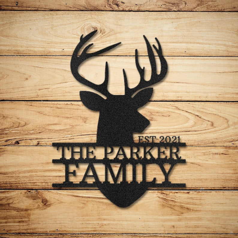 Personalized Deer Head Metal Cabin Sign Outdoor Hunter Hunting Antlers Customized Family Name Door Hanger