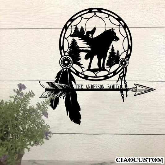 Personalized  Dream Catcher Native American Meta Sign - Gifts For Wolf Lovers