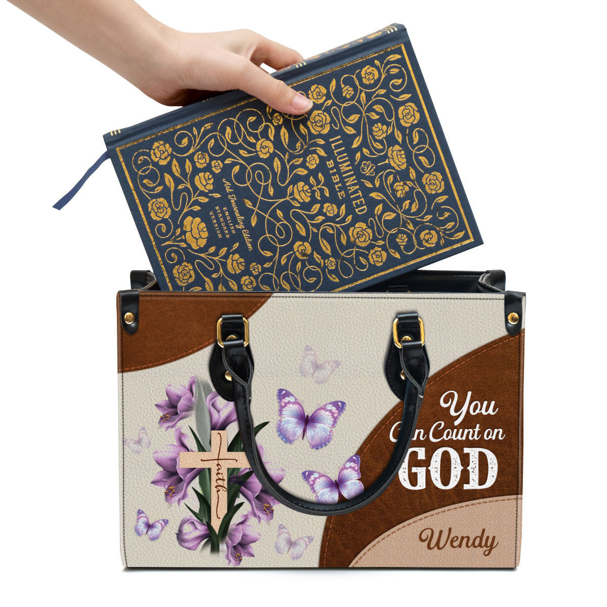 Personalized Floral Cross You Can Count On God Leather Bag - Christian Pu Leather Bags For Women