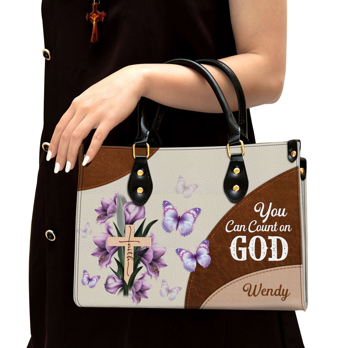 Personalized Floral Cross You Can Count On God Leather Bag - Christian Pu Leather Bags For Women
