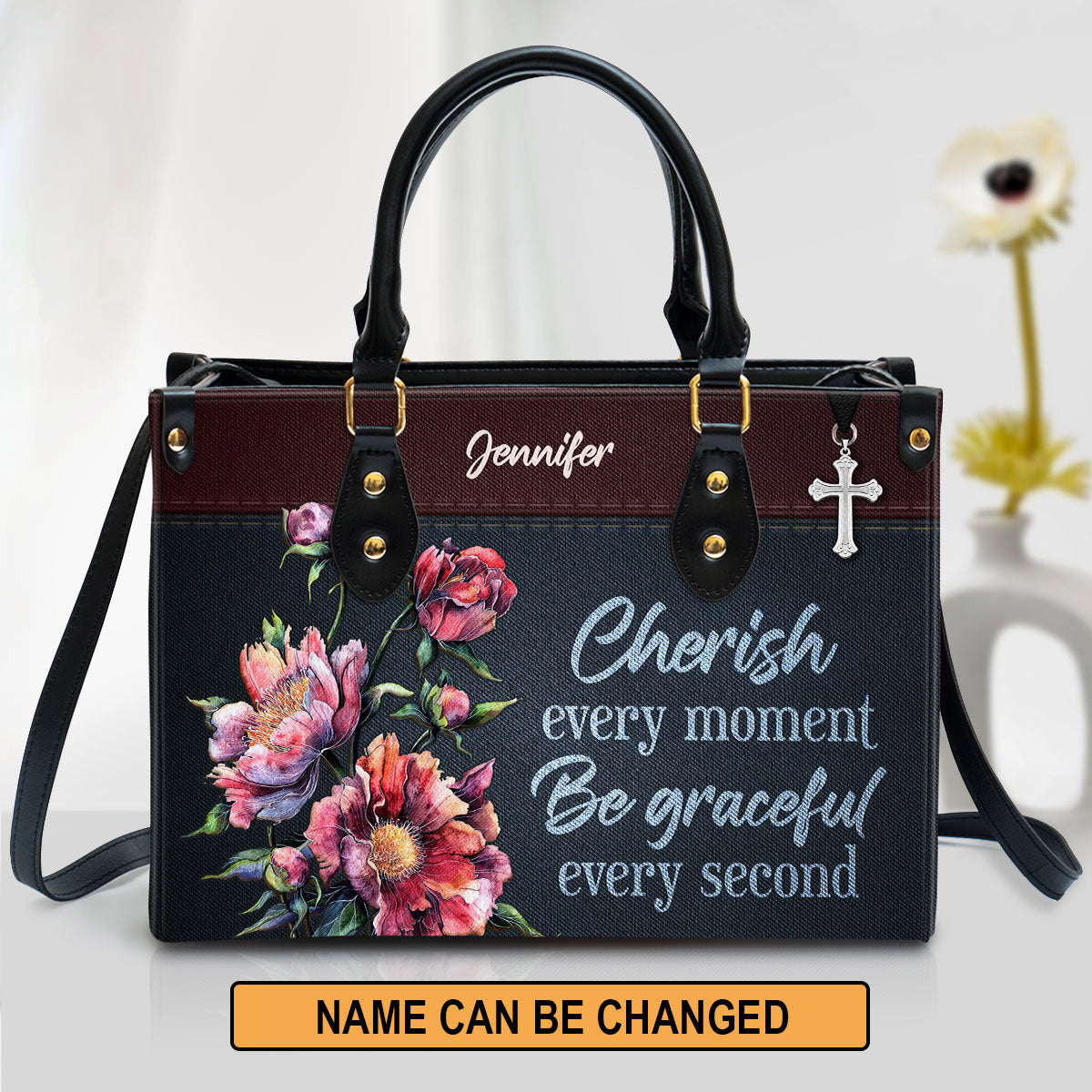 Personalized Floral Leather Handbag With Handle Motivational Gift For Beloved Christians Cherish Every Moment Be Grateful Every Second