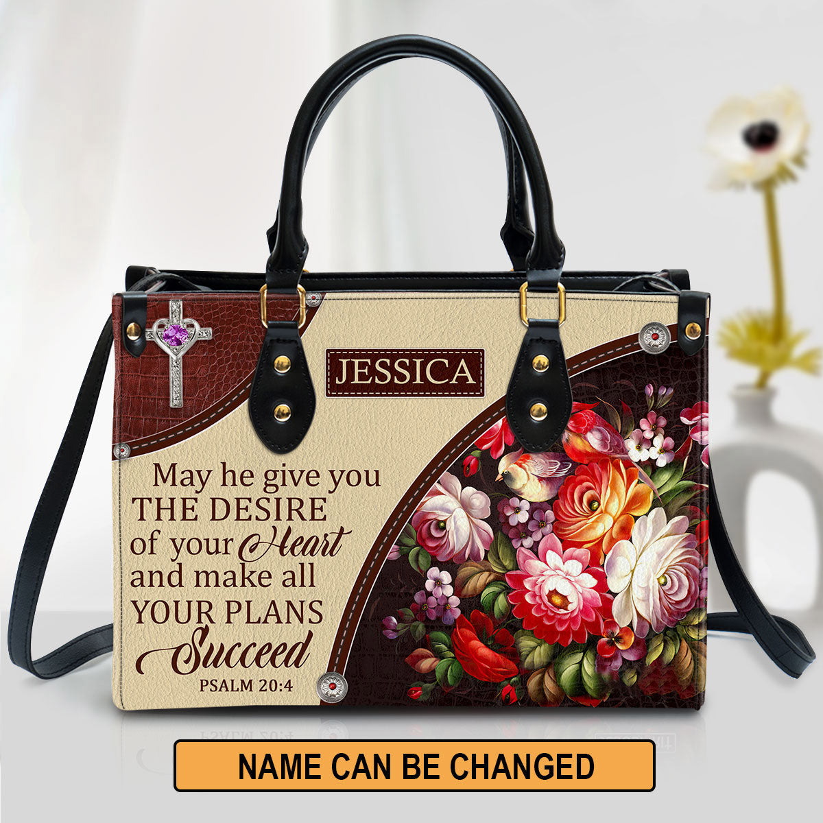 Personalized Flower May He Make All Your Plans Succeed Leather Bag - Christian Pu Leather Bags For Women