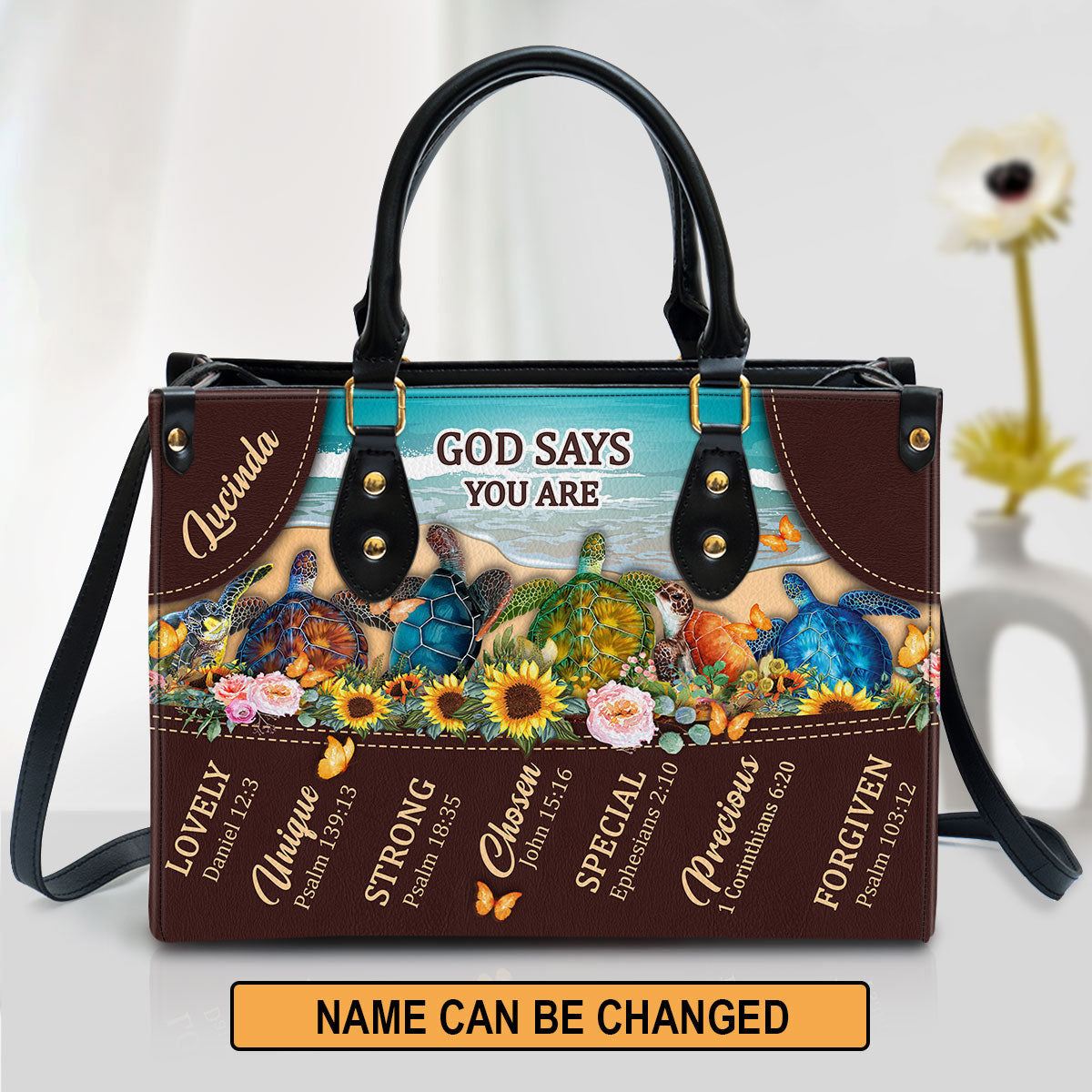 Personalized God Says You Are Lovely Turtle Leather Bag - Christian Pu Leather Bags For Women