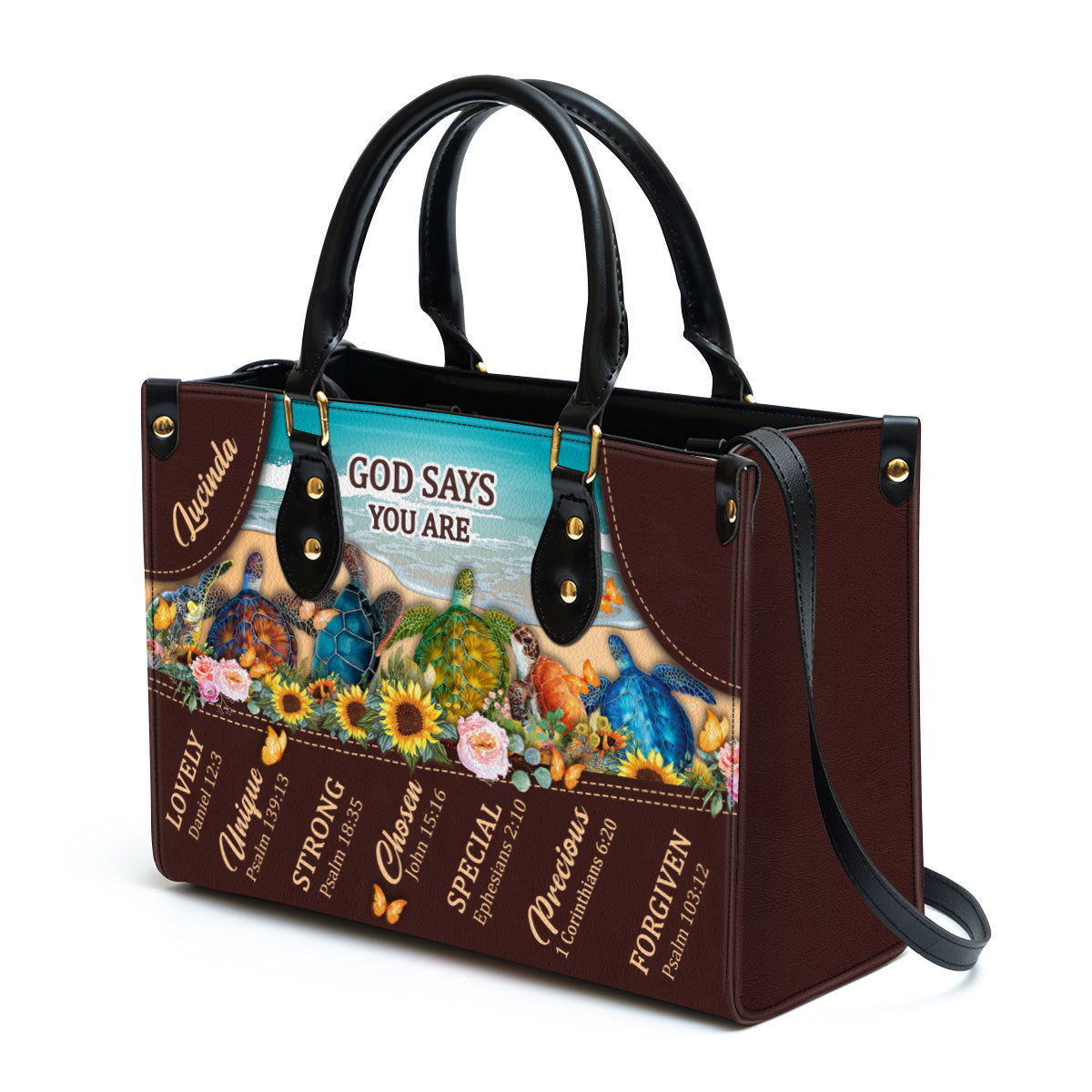 Personalized God Says You Are Lovely Turtle Leather Bag - Christian Pu Leather Bags For Women