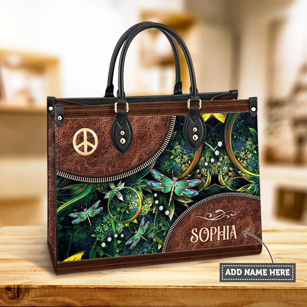 Personalized Hippie Dragonfly Peace Sign Leather Bag - Women's Pu Leather Bag - Best Mother's Day Gifts