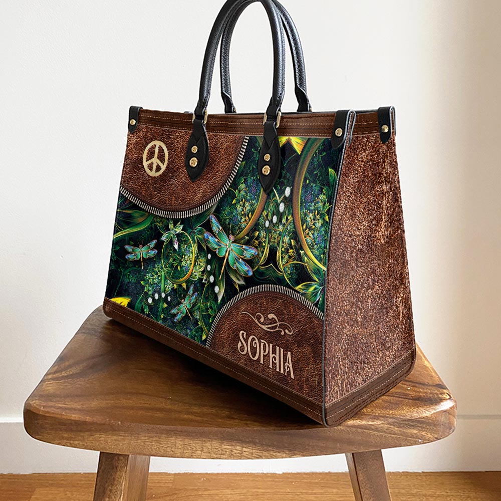 Personalized Hippie Dragonfly Peace Sign Leather Bag - Women's Pu Leather Bag - Best Mother's Day Gifts