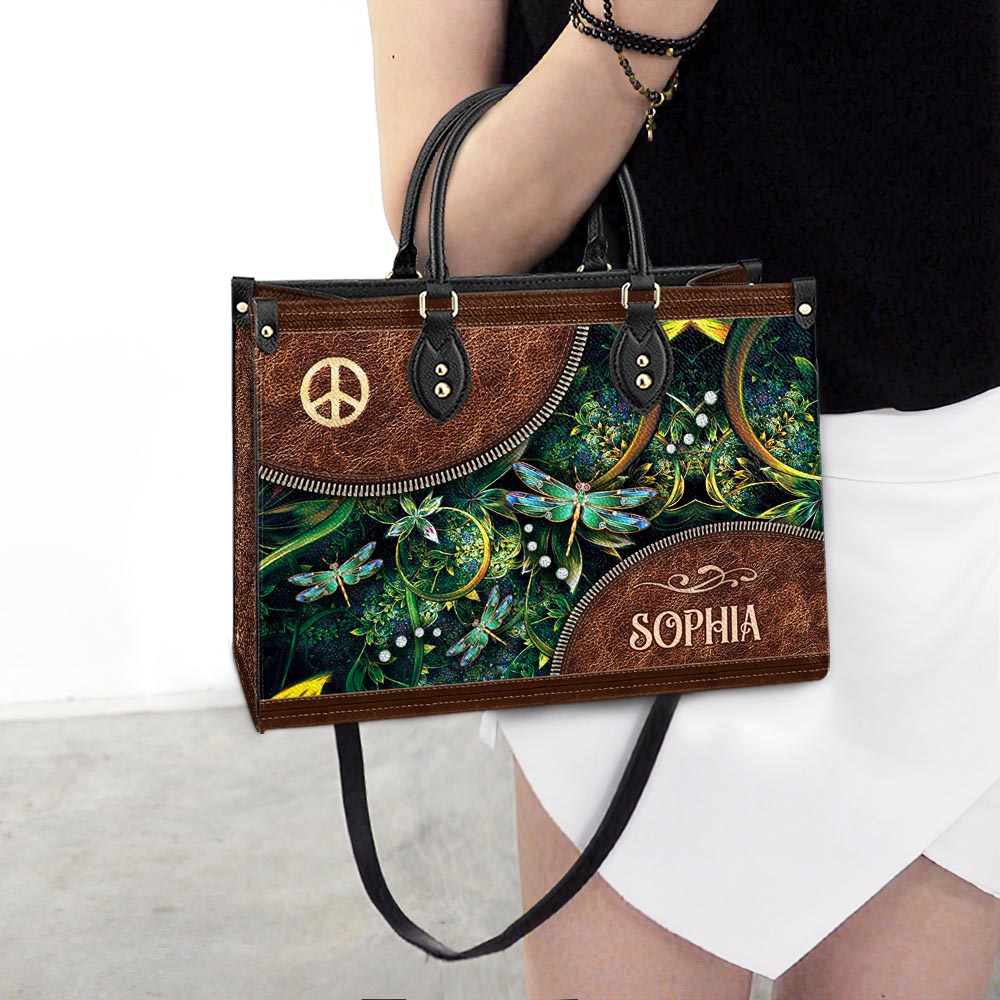 Personalized Hippie Dragonfly Peace Sign Leather Bag - Women's Pu Leather Bag - Best Mother's Day Gifts
