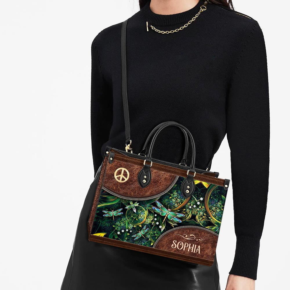 Personalized Hippie Dragonfly Peace Sign Leather Bag - Women's Pu Leather Bag - Best Mother's Day Gifts