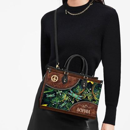 Personalized Hippie Dragonfly Peace Sign Leather Bag - Women's Pu Leather Bag - Best Mother's Day Gifts