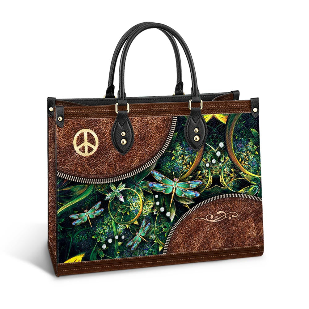 Personalized Hippie Dragonfly Peace Sign Leather Bag - Women's Pu Leather Bag - Best Mother's Day Gifts