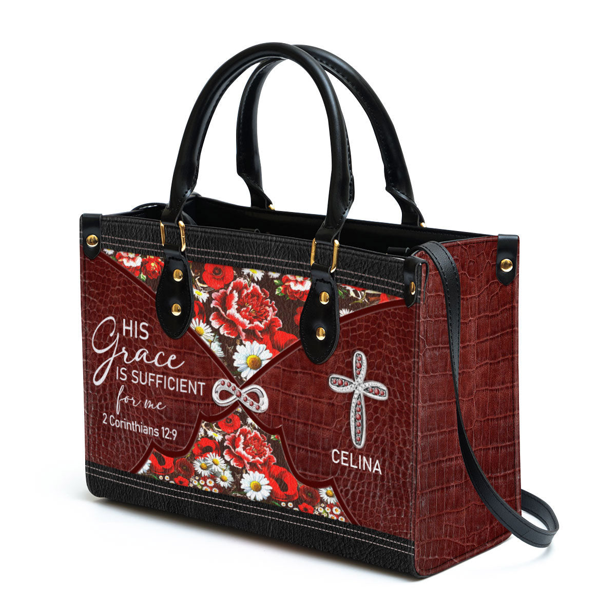Personalized His Grace Is Sufficient For Me Lovely Flower Leather Bag - Christian Pu Leather Bags For Women
