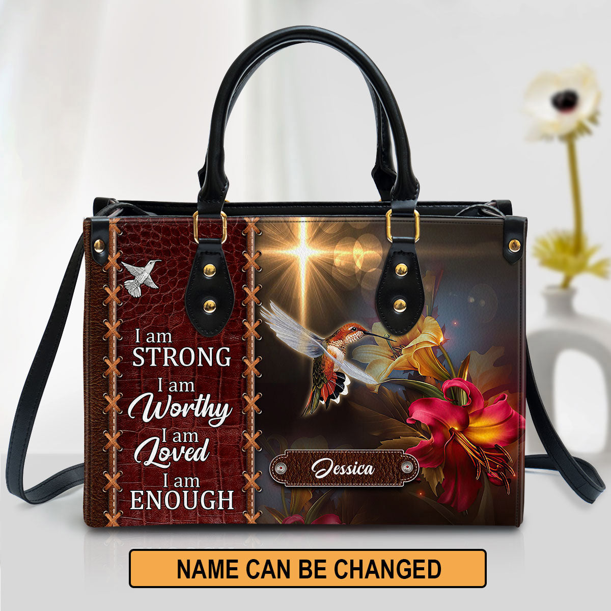 Personalized Hummingbird I Am Strong Leather Bag - Christian Pu Leather Bags For Women