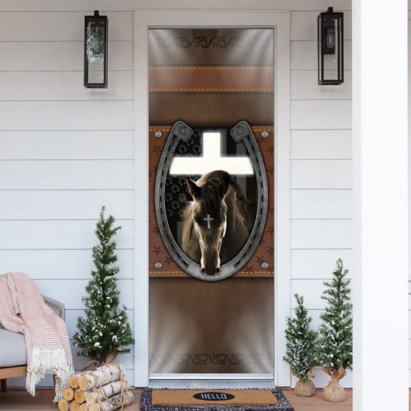 Personalized Jesus And Black Horse Door Cover - Religious Door Decorations - Christian Home Decor