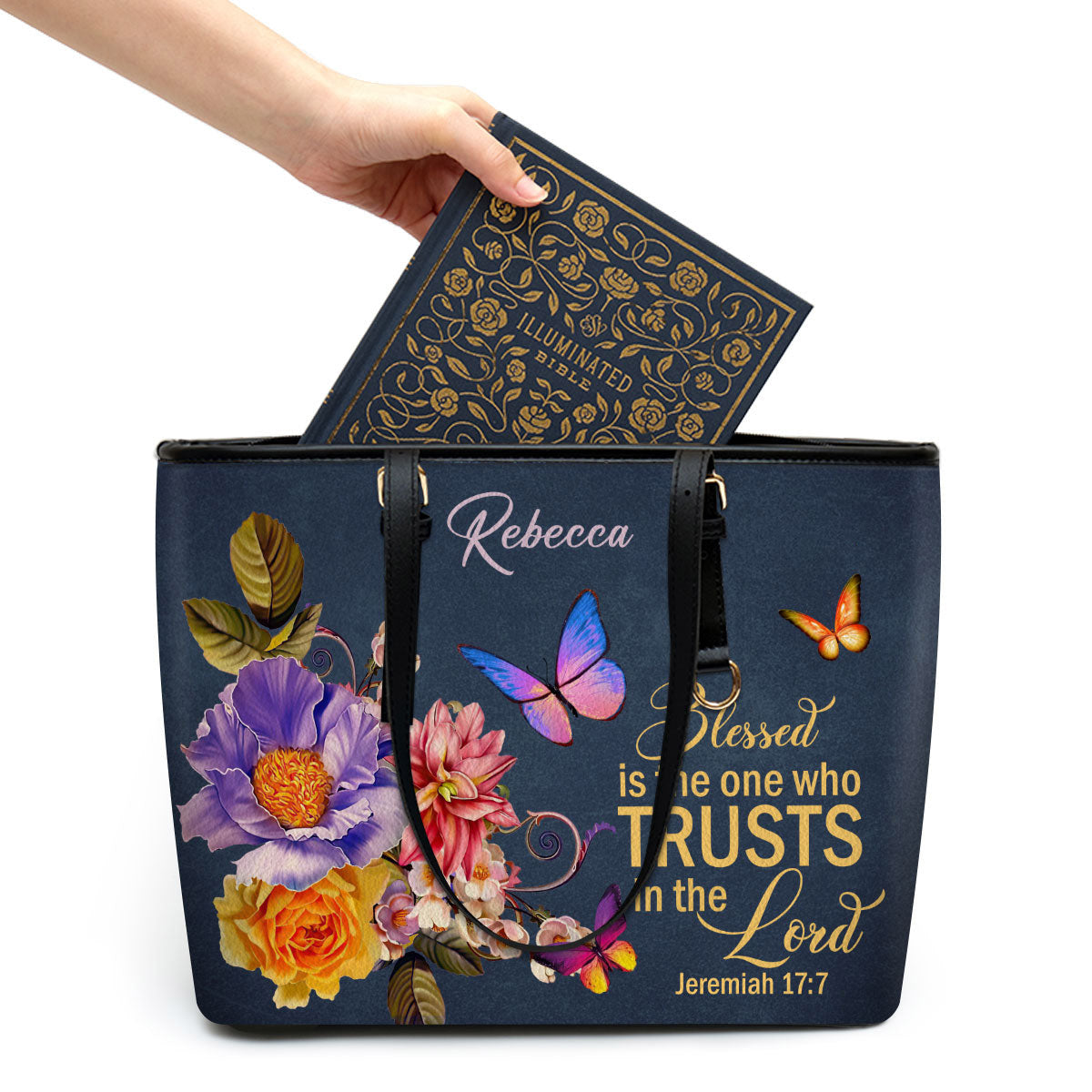 Personalized Large Leather Tote Bag Blessed Is The Woman Who Trusts In The Lord Jeremiah 177 - Spiritual Gifts For Christian Women