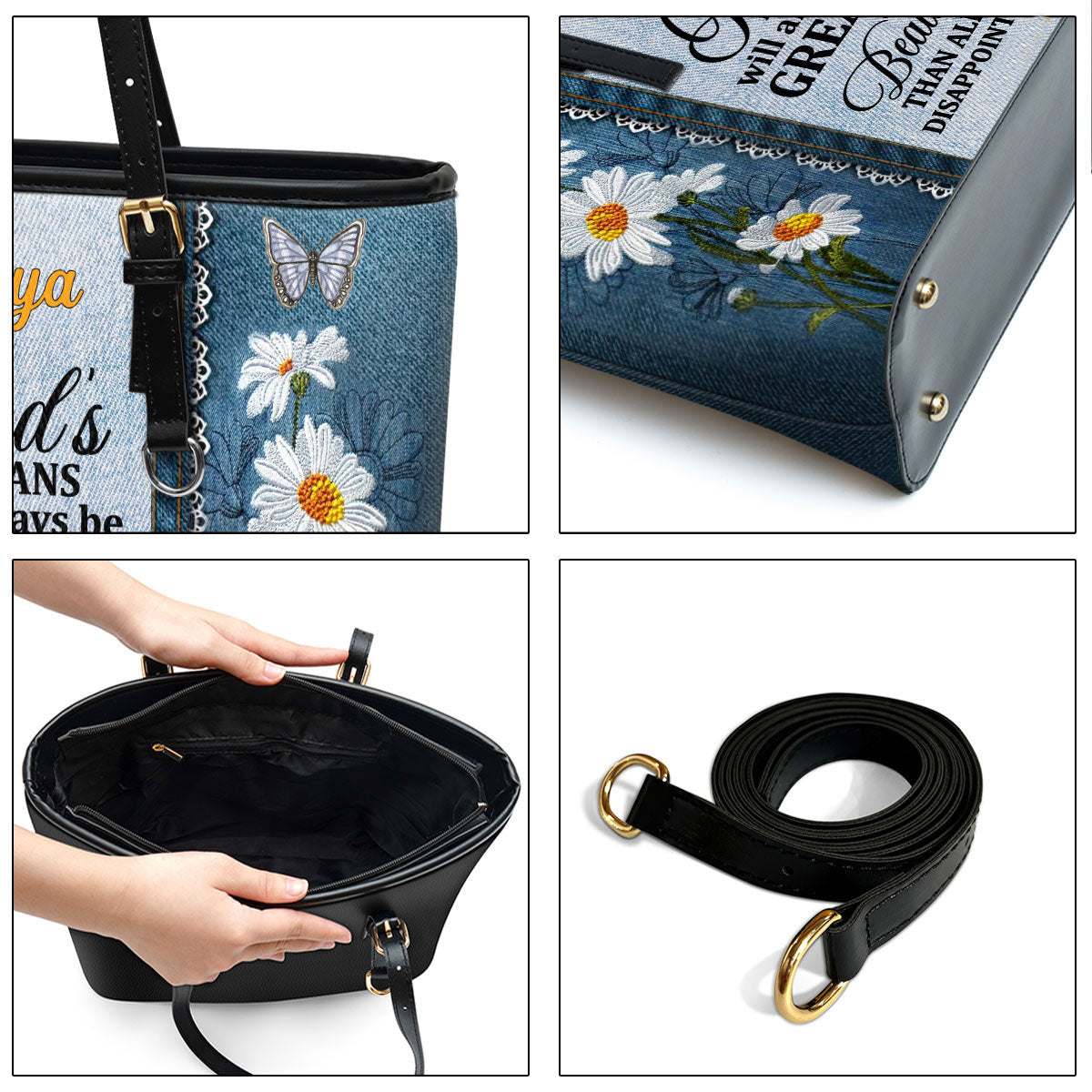 Personalized Large Leather Tote Bag Daisy & Butterfly God's Plans Will Always Be Greater Than All Your Disappointments