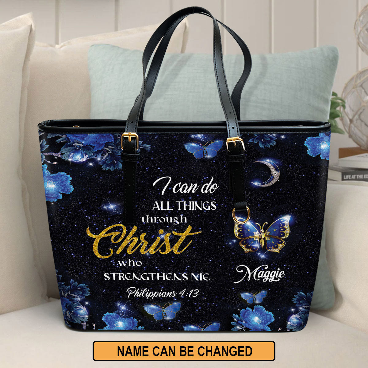 Personalized Large Leather Tote Bag I Can Do All Things Through Christ - Spiritual Gifts For Christian Women