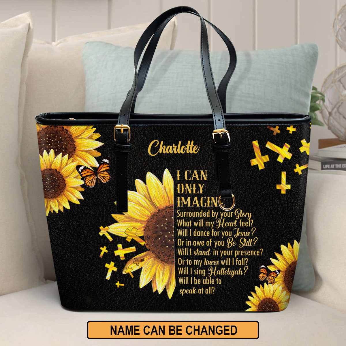 Personalized Large Leather Tote Bag I Can Only Imagine Sunflower And Cross - Spiritual Gifts For Christian Women