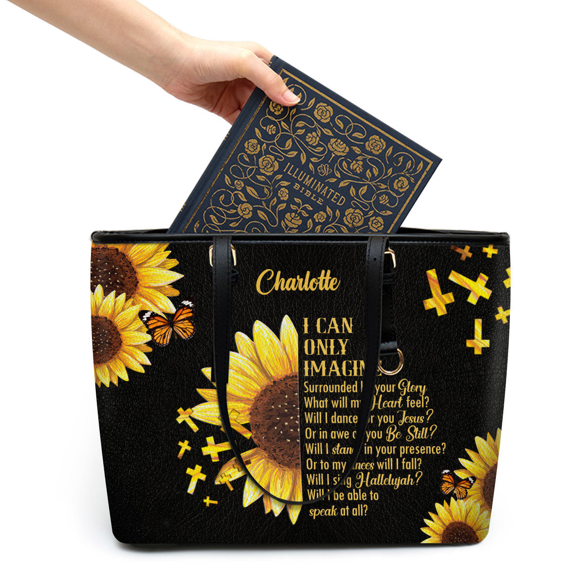 Personalized Large Leather Tote Bag I Can Only Imagine Sunflower And Cross - Spiritual Gifts For Christian Women