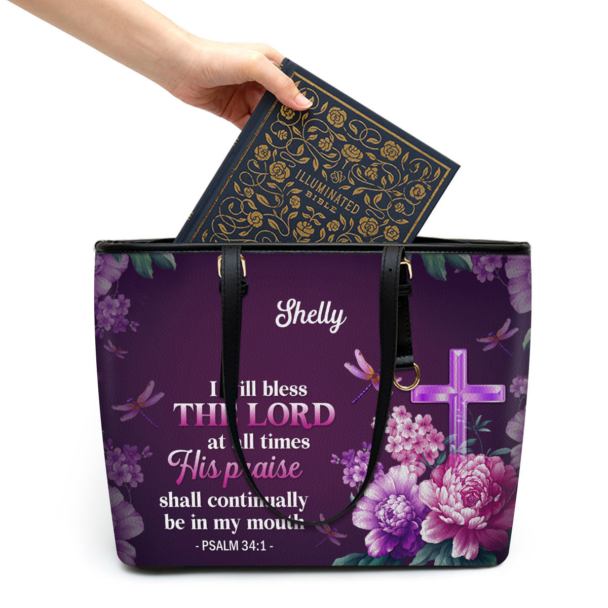 Personalized Large Leather Tote Bag I Will Bless The Lord At All Times Psalm 341 - Spiritual Gifts For Christian Women