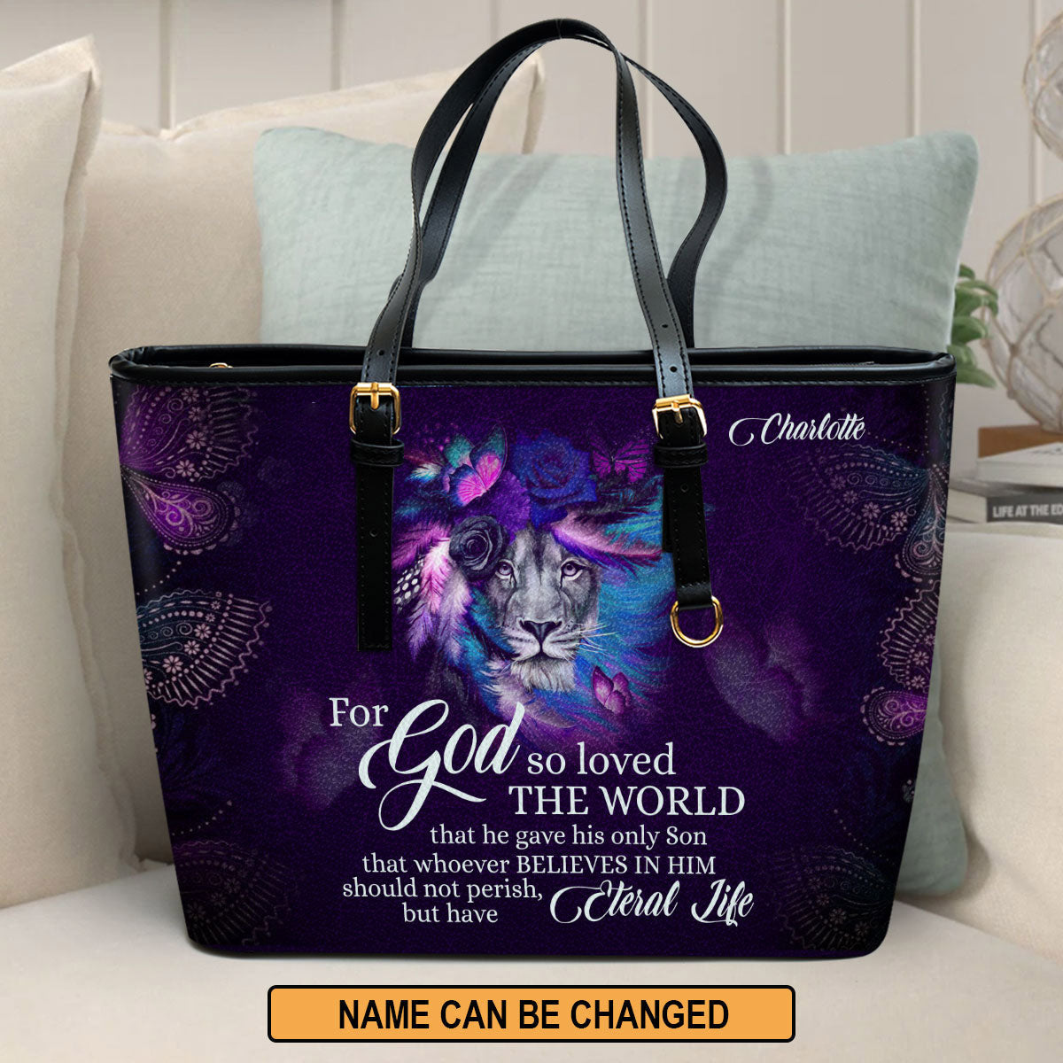 Personalized Large Leather Tote Bag John 316 For God So Loved The World Lion And Rose - Spiritual Gifts For Christian Women
