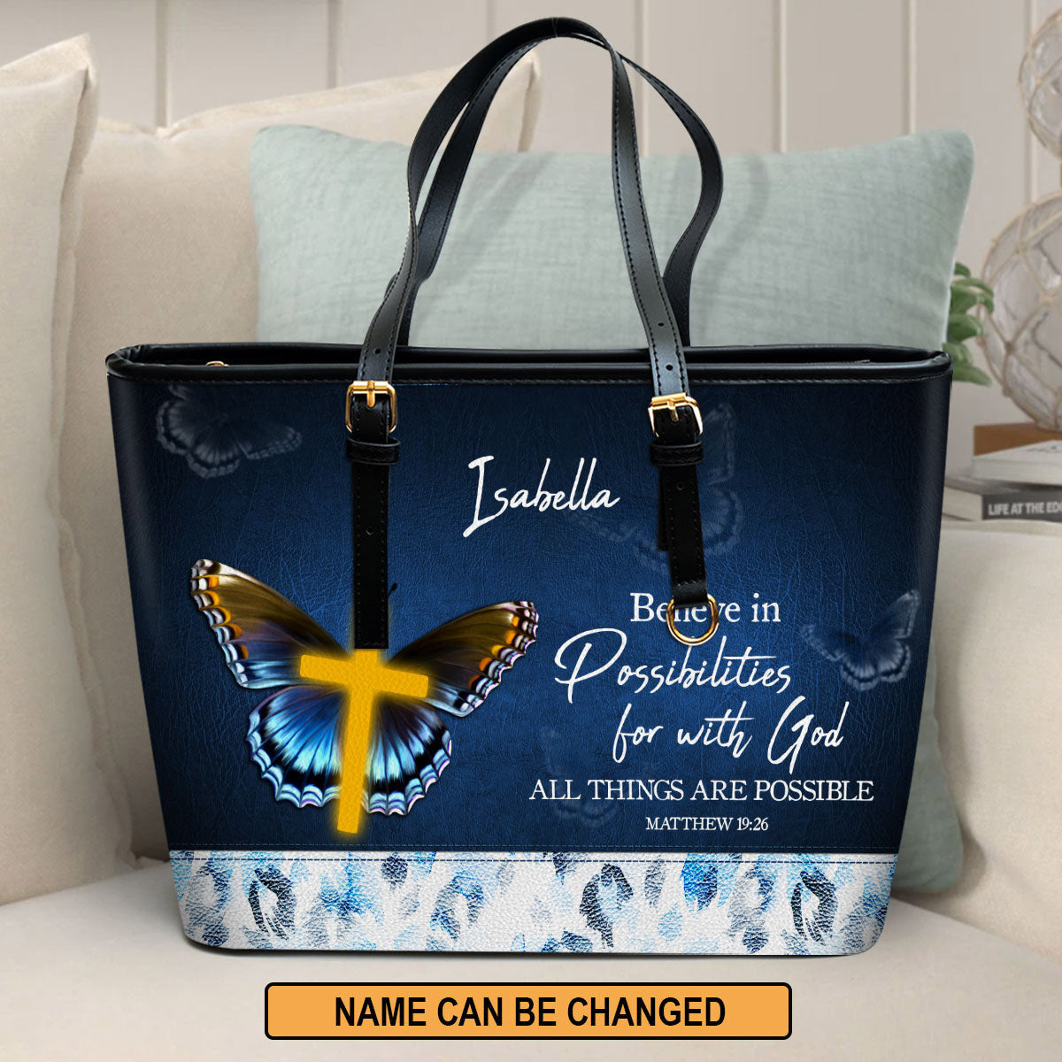 Personalized Large Leather Tote Bag Matthew 1926 With God All Things A Personalized large leather tote bag matthew 1926 with god all things a