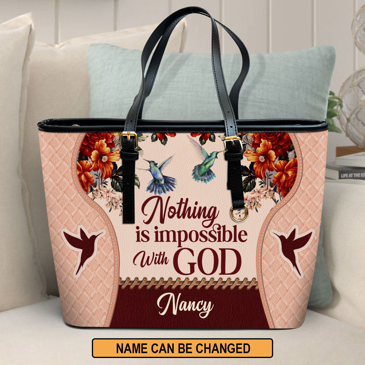 Personalized Large Leather Tote Bag Nothing Is Impossible With God - Spiritual Gifts For Christian Women