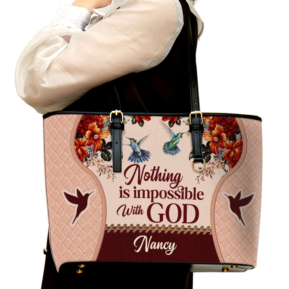Personalized Large Leather Tote Bag Nothing Is Impossible With God - Spiritual Gifts For Christian Women