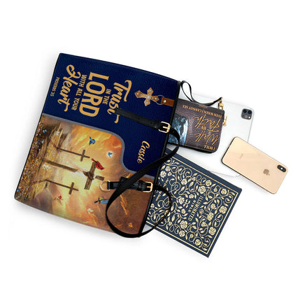 Personalized Large Leather Tote Bag Trust In The Lord With All Your Heart Cross - Religious Gifts For Women Of God
