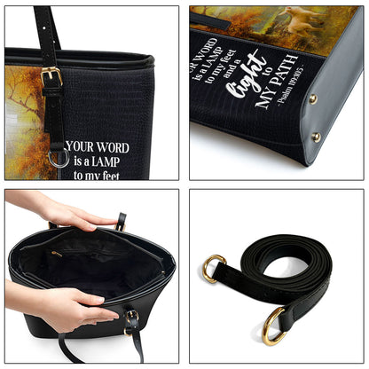 Personalized Large Leather Tote Bag Your Word Is A Lamp To My Feet And A Light To My Path - Religious Gifts For Women Of God