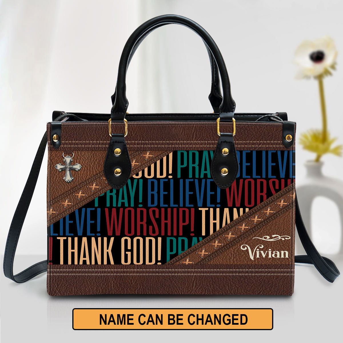 Personalized Leather Bag For Women - Pray Believe Worship Leather Bag Leather Bag - Christian Gifts for Women
